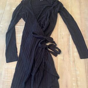 American Eagle Outfitters Black Ribbed Wrap Midi Dress
